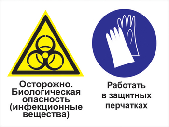 Кз 73 осторожно - биологическая опасность (инфекционные вещества). работать в защитных перчатках. (пластик, 400х300 мм) - Знаки безопасности - Комбинированные знаки безопасности - Магазин охраны труда ohranatruda-shop.ru